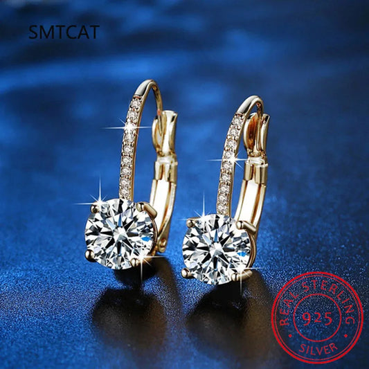 Boucles d'Oreilles Pendantes Argent 925 – Zircon Cubique & Cristal, Plaqué Or 14K, Fermoir Levier