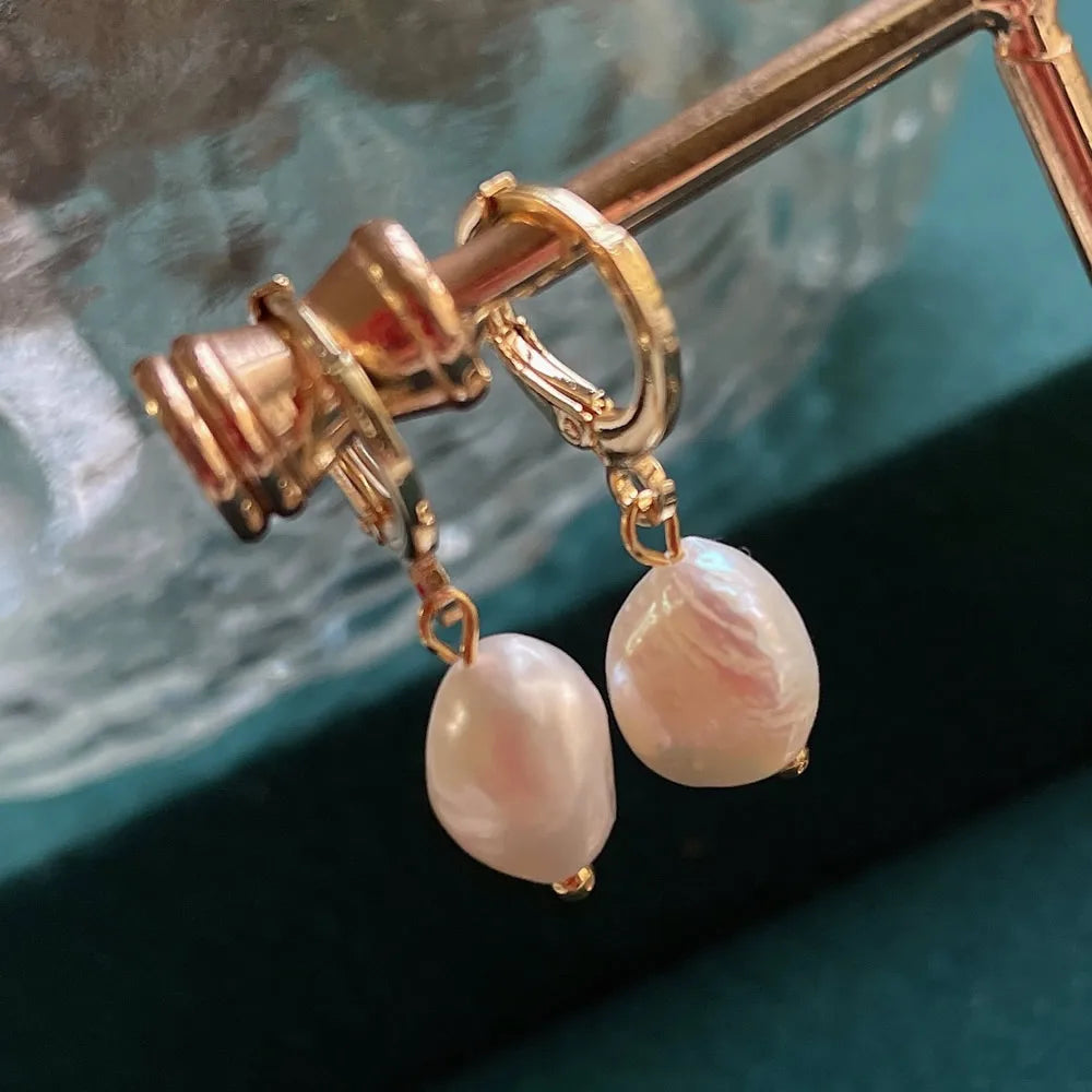Boucles d'Oreilles Pendantes Perle Baroque Naturelle – Acier Inoxydable Plaqué Or, Longues Franges, Style Coréen