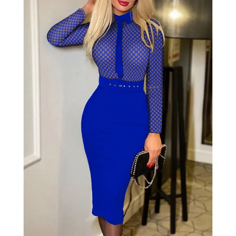 Fitted Printed Midi Dress with Belt and Structured Collar