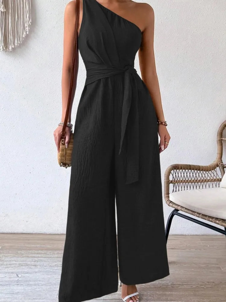 Combinaison Femme – Sans Manches, Col Asymétrique, Laçage, Jambes Larges, Taille Haute