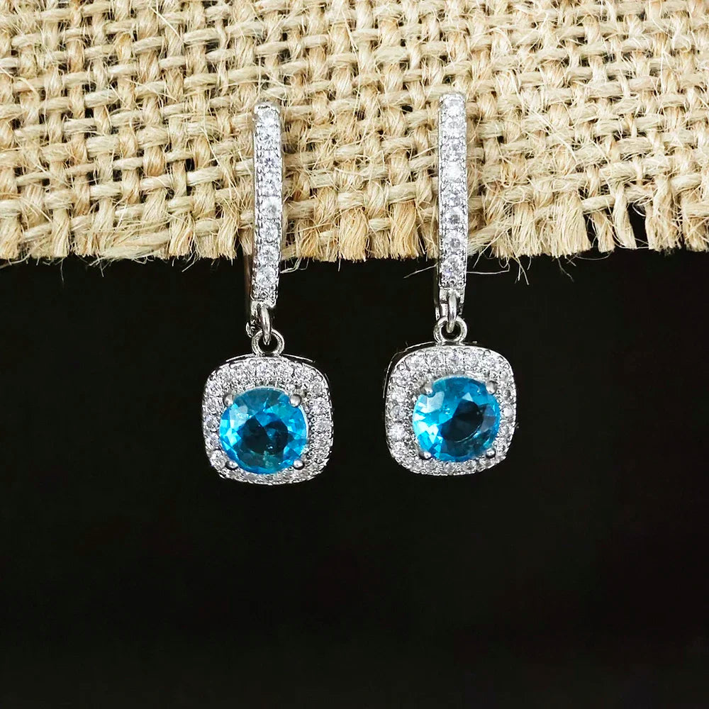 Boucles d'Oreilles Pendantes Carrées Zircon – Cuivre Plaqué Argent, Style Nuptial Élégant, 4 Coloris