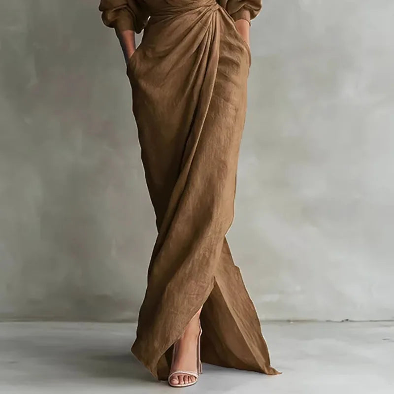 Robe Maxi Femme – Col V, Manches Longues, Taille Empire, Fente | Coupe Slim