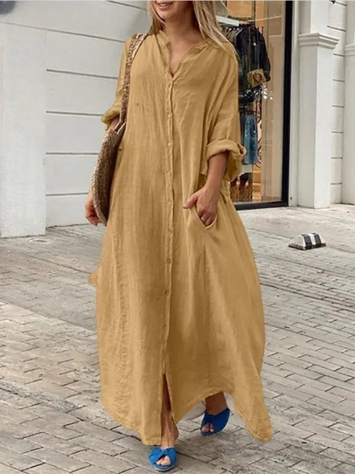 Robe Longue Femme – Coton Lin, Col Rabattu, Manches 3/4, Coupe Ample Oversize, Poches