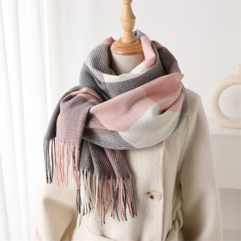 Large Check Scarf with Fringes