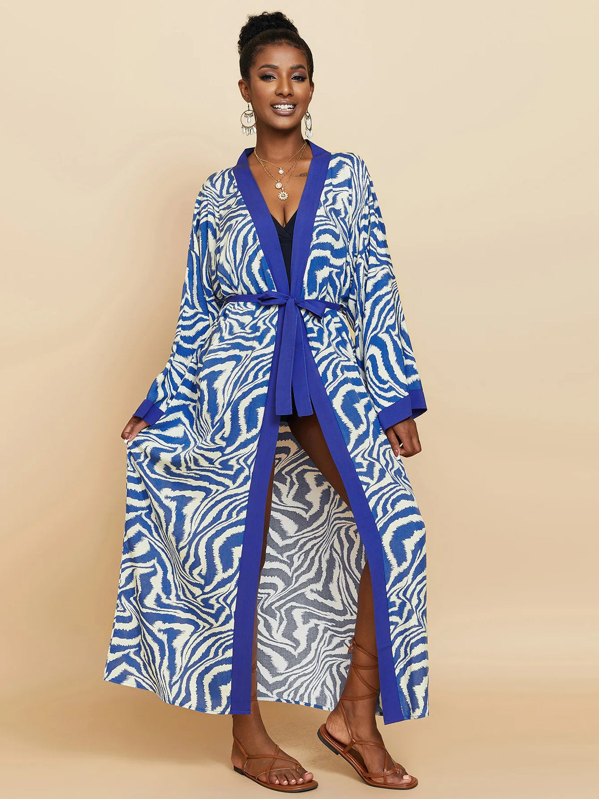 Cache-Maillot Robe Plage Kaftan – Manches Longues, Taille Unique, Style Bohème Été