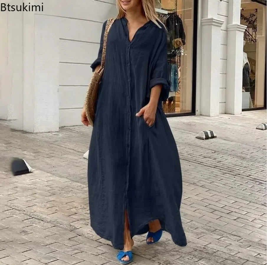Robe Longue Femme – Coton Lin, Col Rabattu, Manches 3/4, Coupe Ample Oversize, Poches