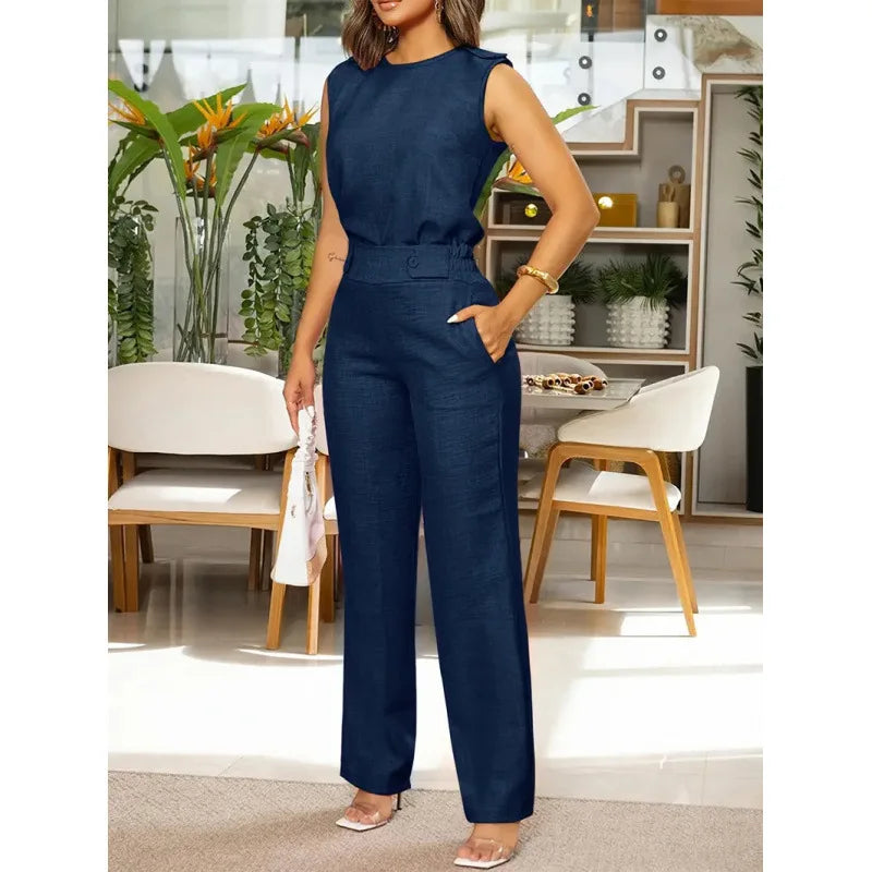 Ensemble 2 Pièces – Top Sans Manches à Col Rond et Pantalon Large