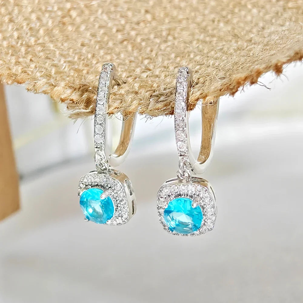 Boucles d'Oreilles Pendantes Carrées Zircon – Cuivre Plaqué Argent, Style Nuptial Élégant, 4 Coloris