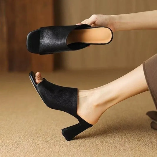 Mules Femme Cuir PU – Talon Carré Haut, Bout Ouvert, Style Soirée Chic