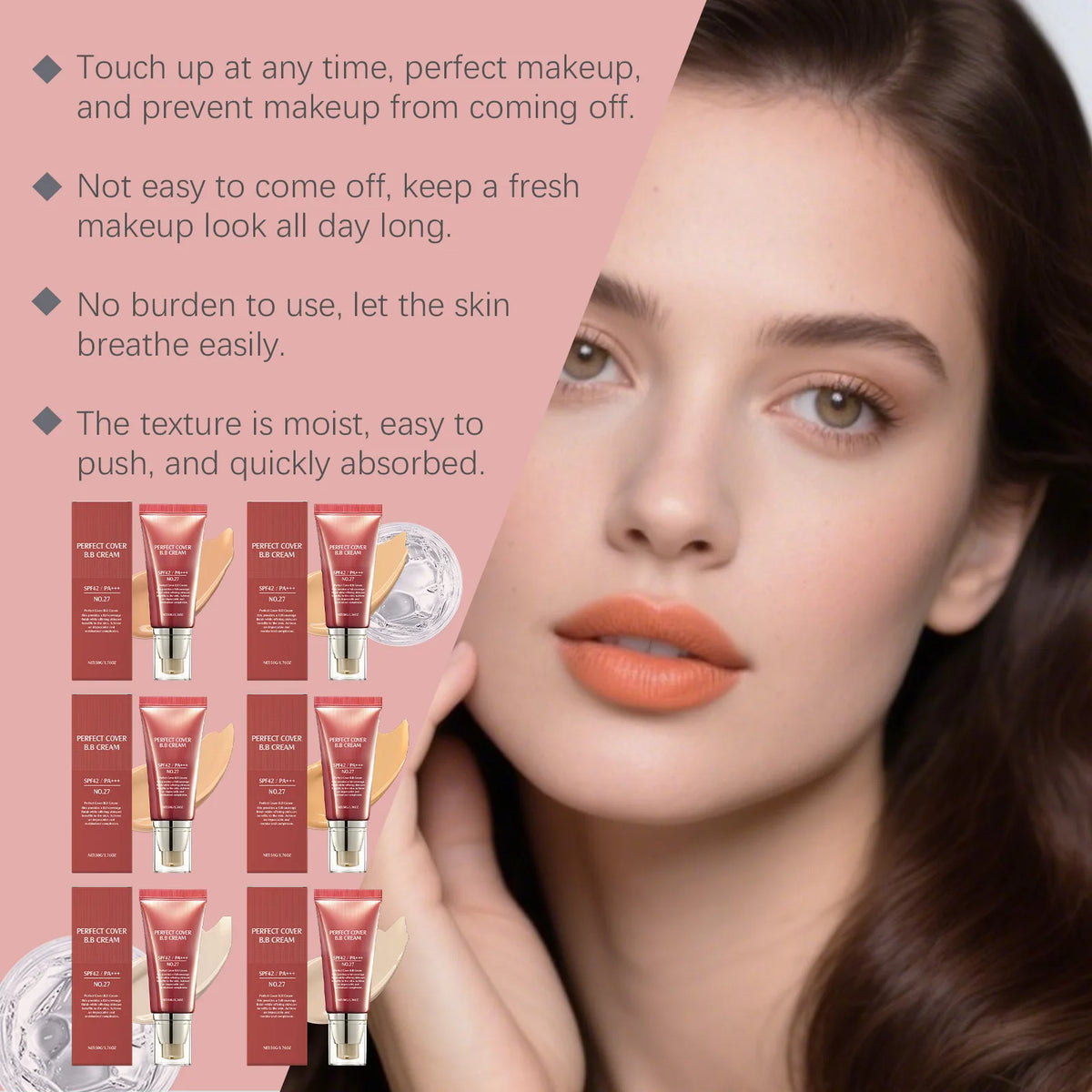 BB Cream SPF 42 PA+++ – Fond de Teint Hydratant Couvrant, Anti-Cernes & Rides, 50 g, 6 Teintes