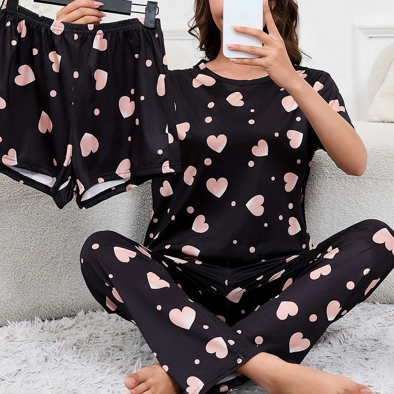 Ensemble Pyjama Femme 3 Pièces – Haut Col Rond Manches Courtes, Short & Pantalon, Imprimé Décontracté