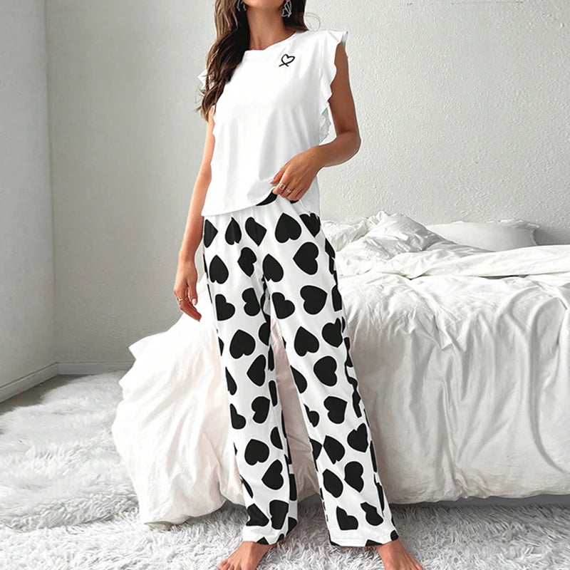 Women's 2-Piece Pajama Set – Heart & Letter Print, Short-Sleeve Top & Long Pants