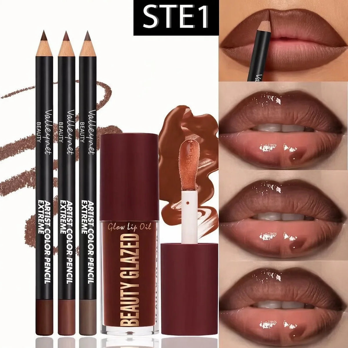 4-Piece Lip Kit – 3 Lip Liners + 1 Matte Gloss, Waterproof, Long-Lasting | 3 Sets