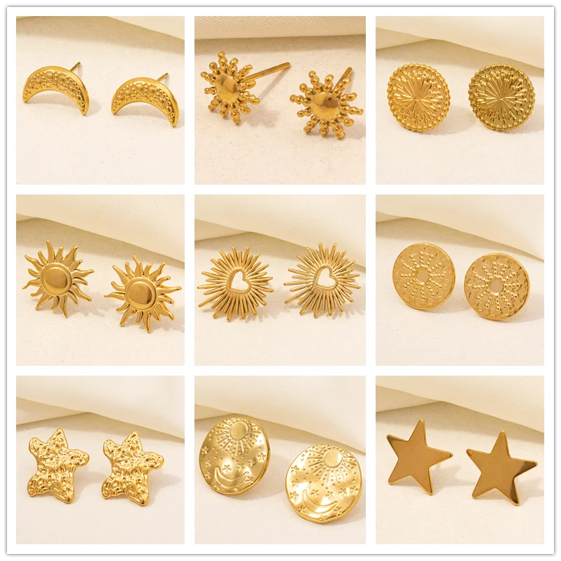 Clous d'Oreilles Soleil Lune Étoile – Acier Inoxydable Plaqué Or, Style Céleste Unisexe, 9 Modèles