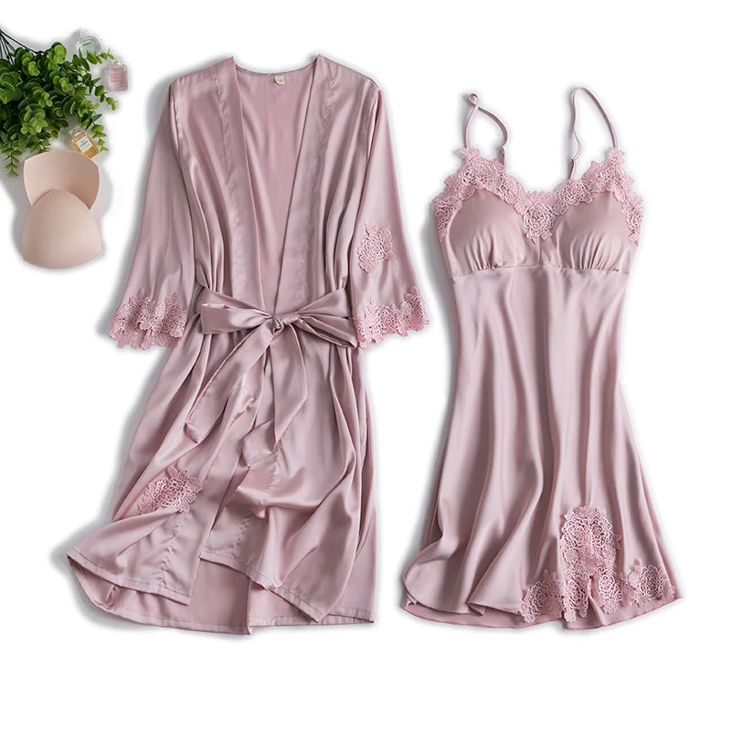 Ensemble Peignoir & Nuisette Femme – Déshabillé Satiné, Bordure Dentelle, Style Élégant & Sexy