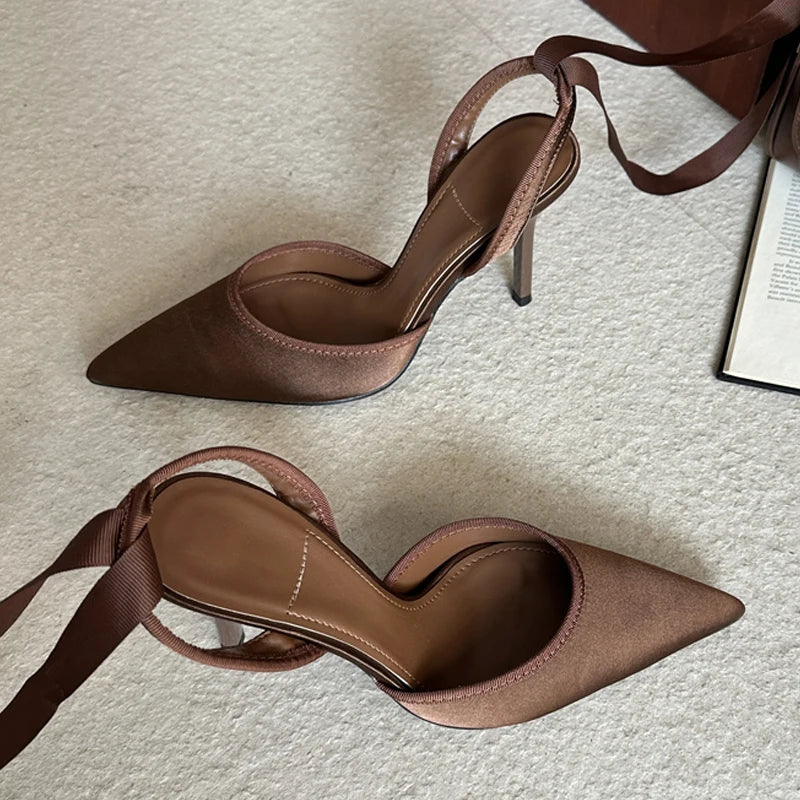 Stiletto Pumps with Ankle Strap - Pointed Toe