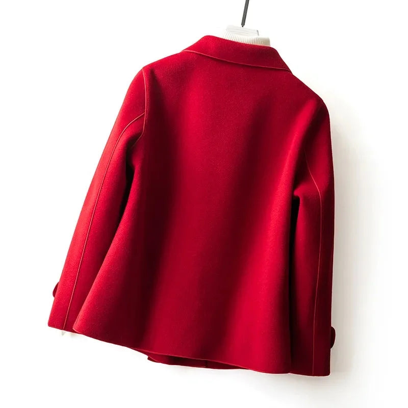 Manteau Court en Laine à Double Boutonnage et Col Tailleur