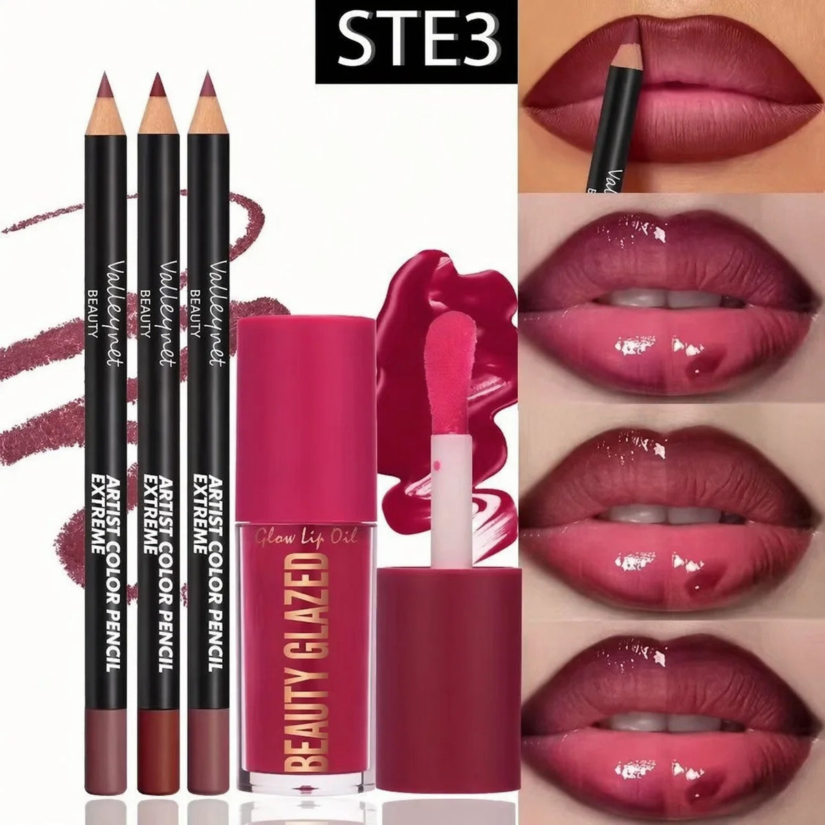 4-Piece Lip Kit – 3 Lip Liners + 1 Matte Gloss, Waterproof, Long-Lasting | 3 Sets