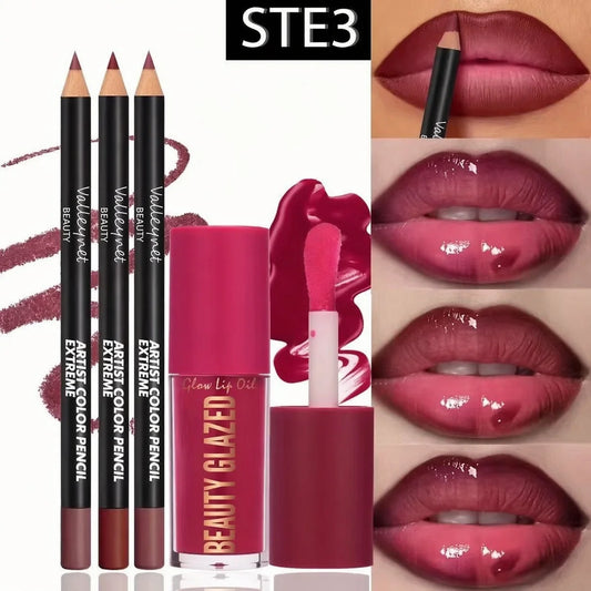 Kit Lèvres 4 Pièces – 3 Crayons Contour + 1 Gloss Mat, Waterproof, Longue Tenue | 3 Sets