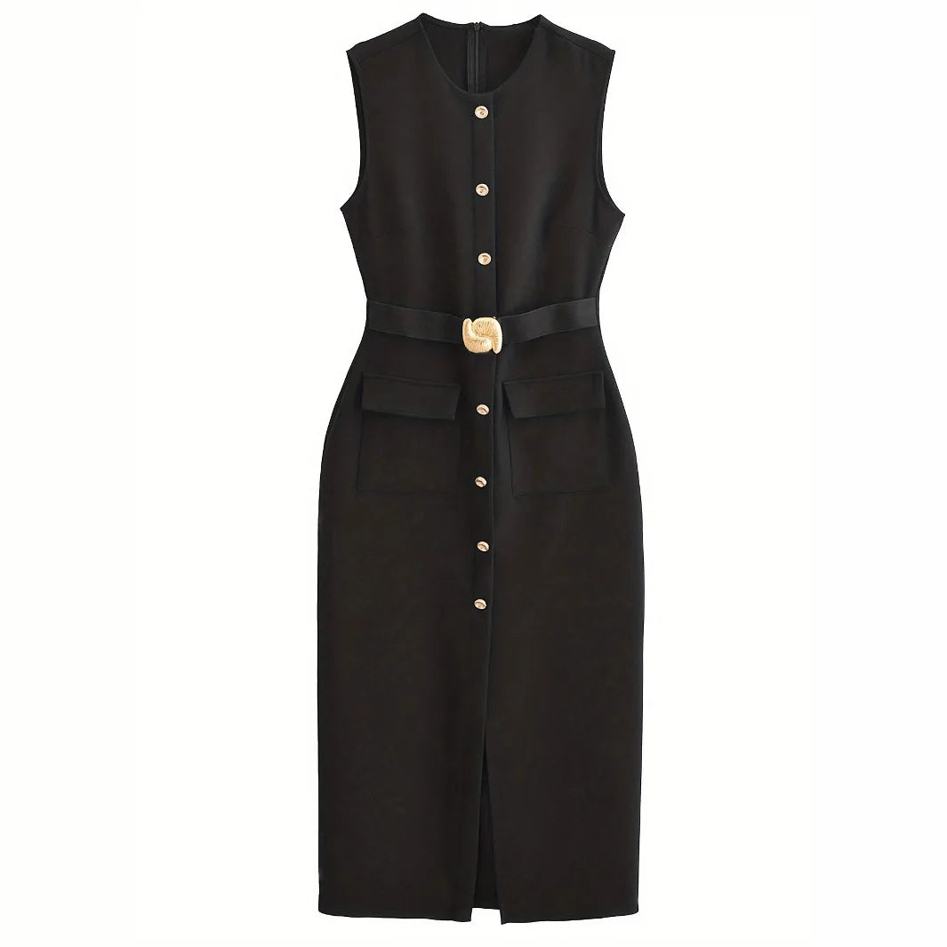 Robe Longue Femme – Col Halter, Taille Cinée, Coupe Crayon, Uni