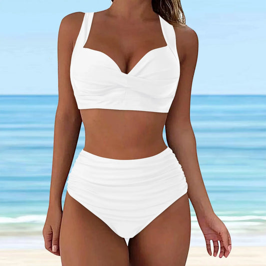 Ensemble Bikini Deux Pièces Uni – Taille Haute, Col en V, Push-Up, Volants, Style Plage Été