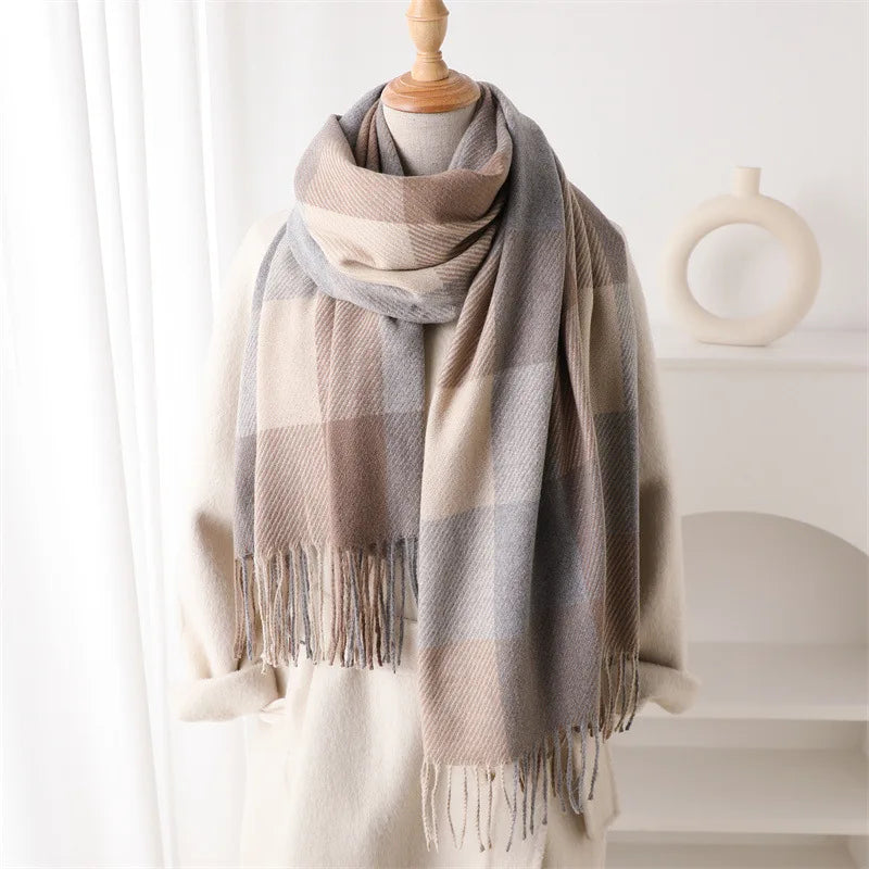 Large Check Scarf with Fringes
