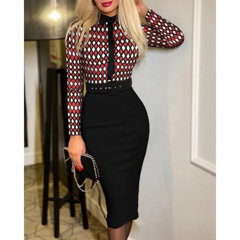 Fitted Printed Midi Dress with Belt and Structured Collar