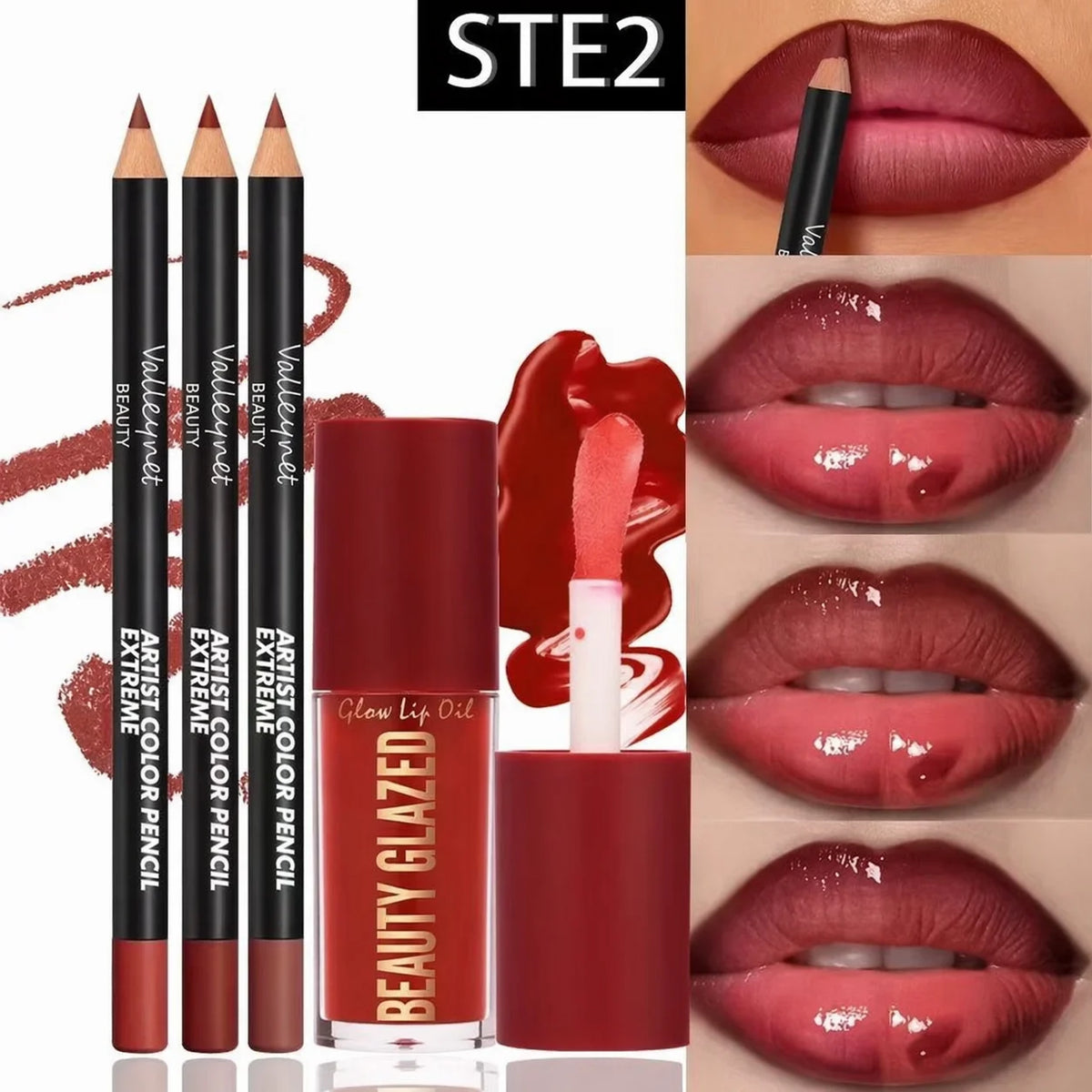 4-Piece Lip Kit – 3 Lip Liners + 1 Matte Gloss, Waterproof, Long-Lasting | 3 Sets
