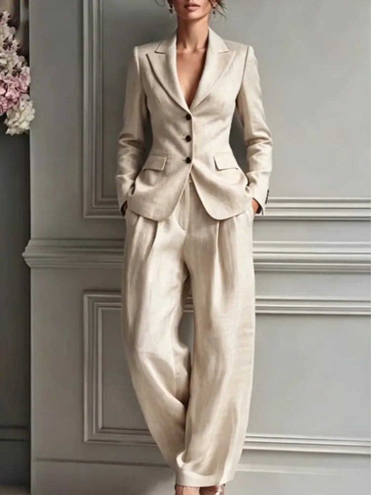 Three-Button Blazer and Wide-Leg Pleated Trousers Set