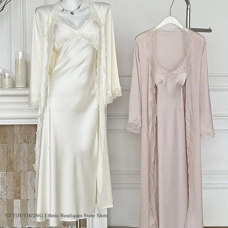 Ensemble Peignoir & Nuisette Femme – Déshabillé Satiné, Bordure Dentelle, Style Élégant & Sexy