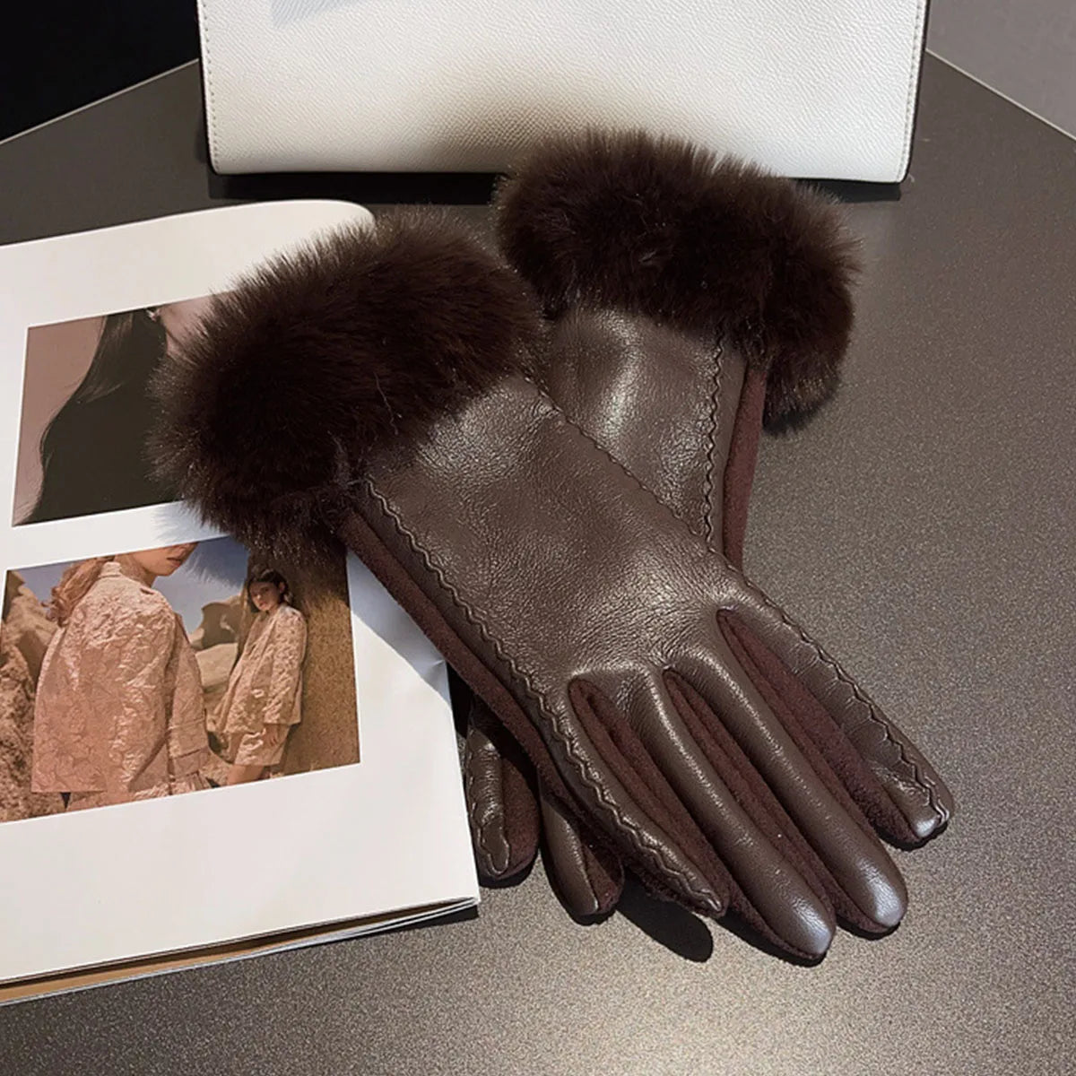 Faux leather gloves with faux fur trim