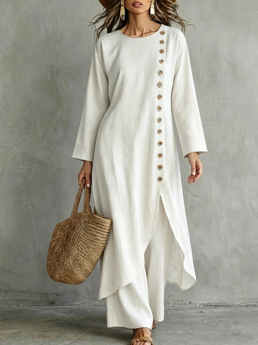 Ensemble pantalon avec tunique asymétrique à boutons décoratifs