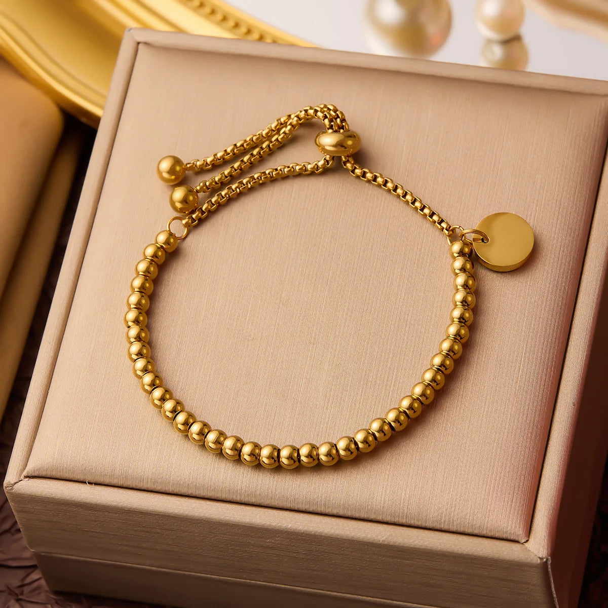 Bracelet Perles Chaîne Ajustable – Acier Inoxydable Plaqué Or 18K, Style Classique, Pour Femme