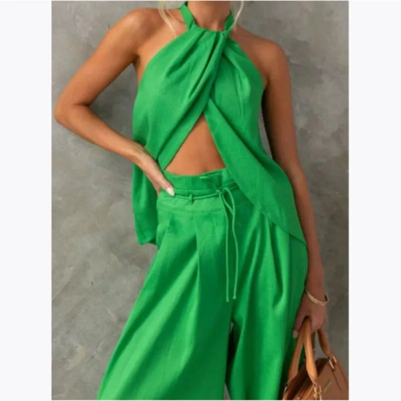 Ensemble Deux Pièces Femme – Top Halter Sans Manches & Pantalon Large Lacé, Coupe Ample