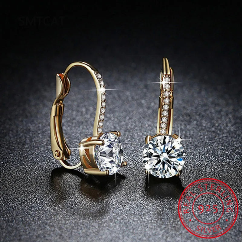 Boucles d'Oreilles Pendantes Argent 925 – Zircon Cubique & Cristal, Plaqué Or 14K, Fermoir Levier