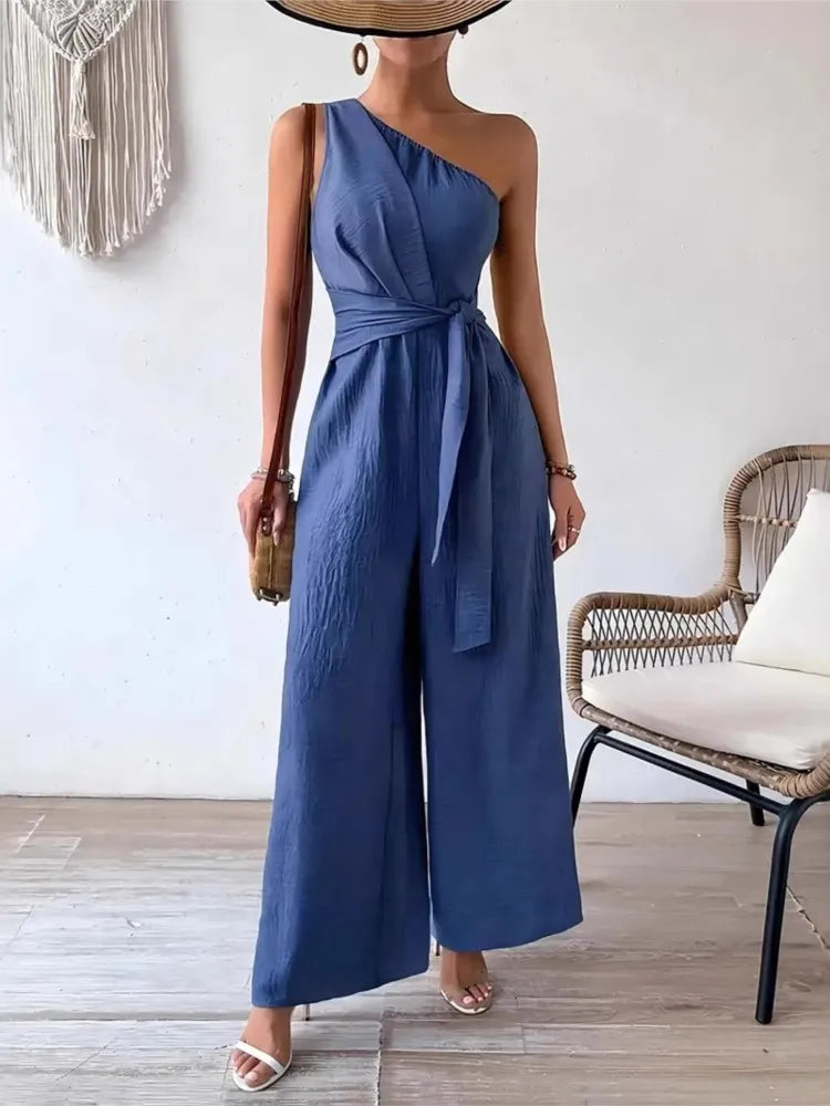 Combinaison Femme – Sans Manches, Col Asymétrique, Laçage, Jambes Larges, Taille Haute