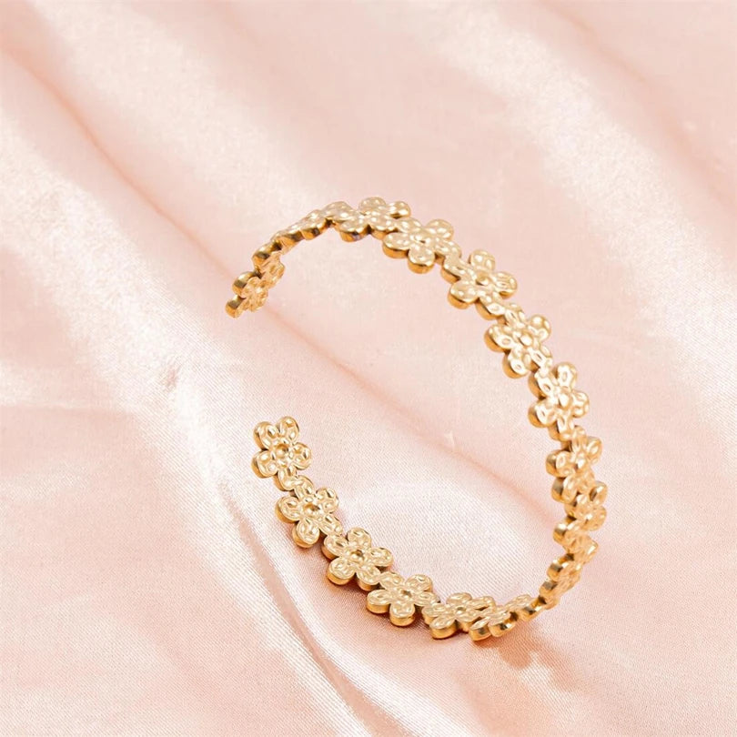Textured Pattern Bracelet – Flower, Heart or Snake, Gold Stainless Steel, For Women