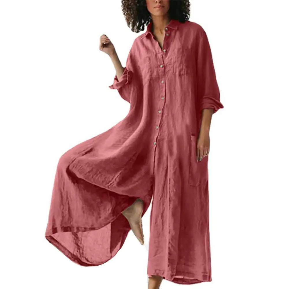 Plus Size Women's Jumpsuit – Linen Cotton, Turn-Down Collar, Wide Leg, Vintage Casual Style