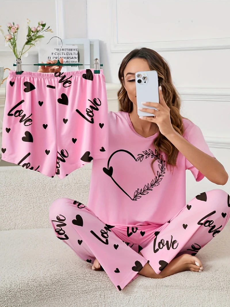 Ensemble Pyjama Femme 3 Pièces – Haut Col Rond Manches Courtes, Short & Pantalon, Imprimé Décontracté