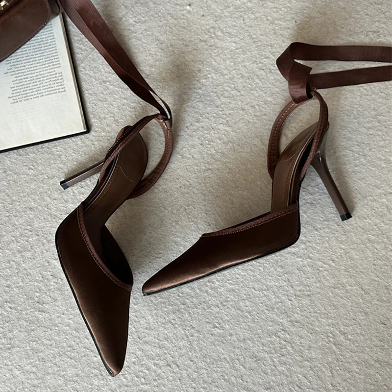 Stiletto Pumps with Ankle Strap - Pointed Toe