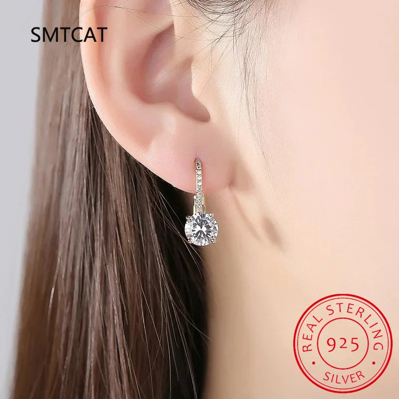 Boucles d'Oreilles Pendantes Argent 925 – Zircon Cubique & Cristal, Plaqué Or 14K, Fermoir Levier