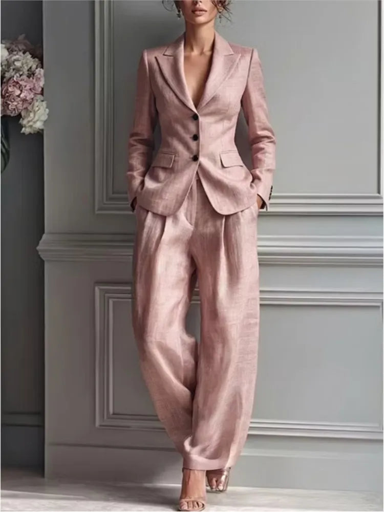 Three-Button Blazer and Wide-Leg Pleated Trousers Set