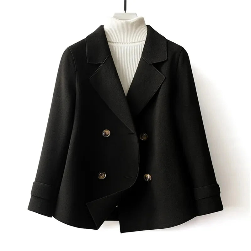 Manteau Court en Laine à Double Boutonnage et Col Tailleur