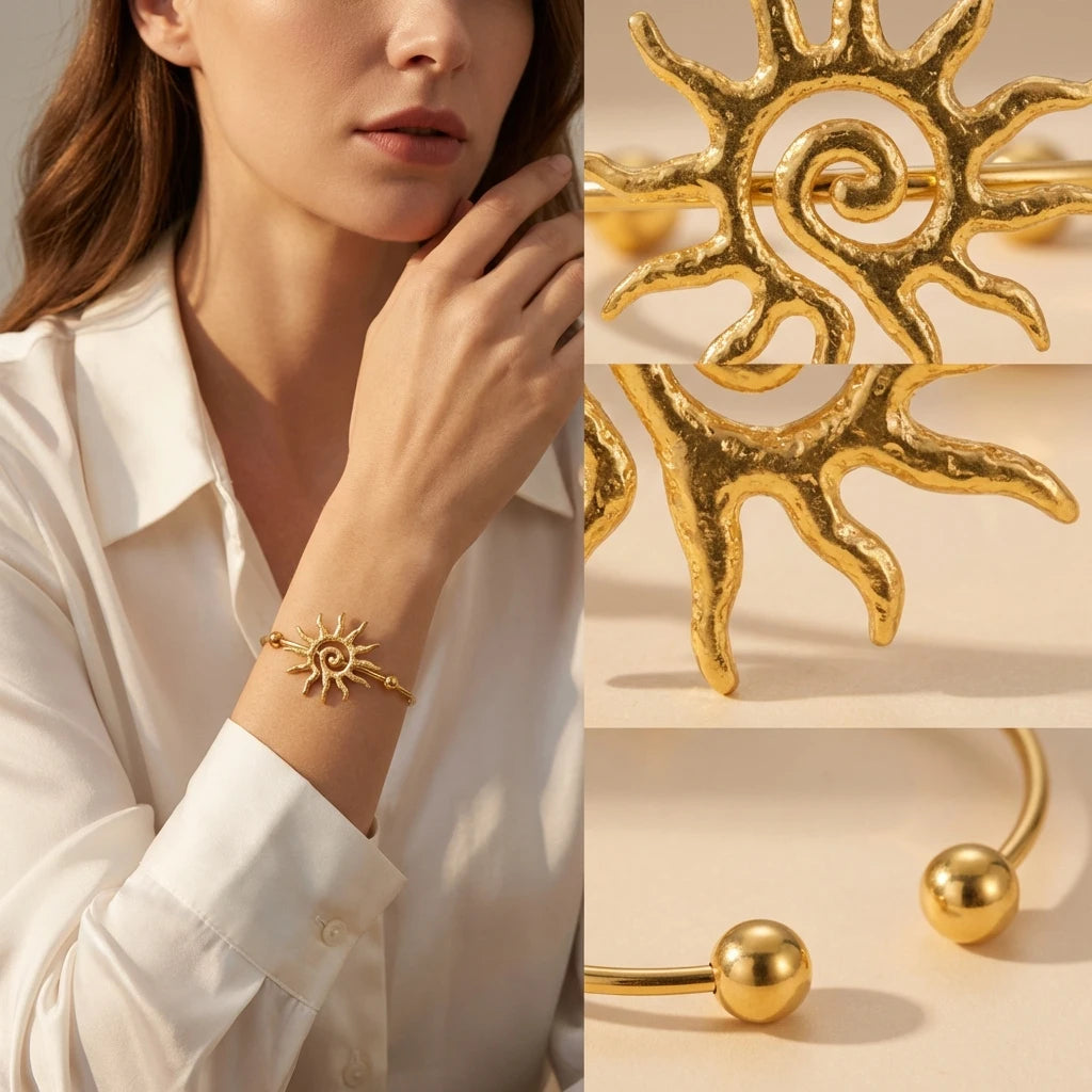 Boho Sun Cuff Bracelet – PVD Gold-Plated Stainless Steel, Geometric Style, For Women