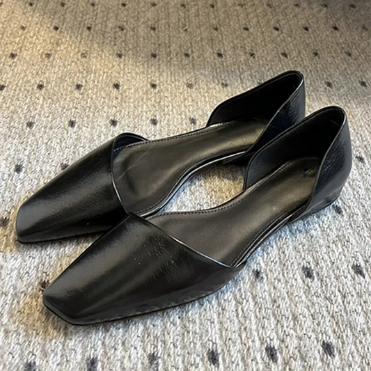 Chaussures plates rétro en Cuir PU  pour femmes - bout carré ajourées - Ballerines confortables