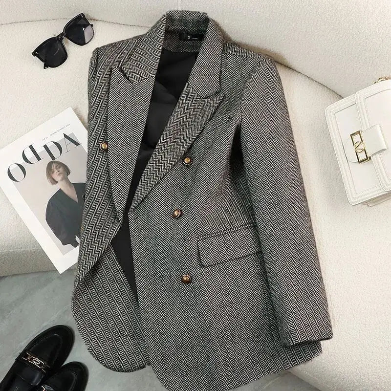 Blazer Long à Chevrons et Boutons