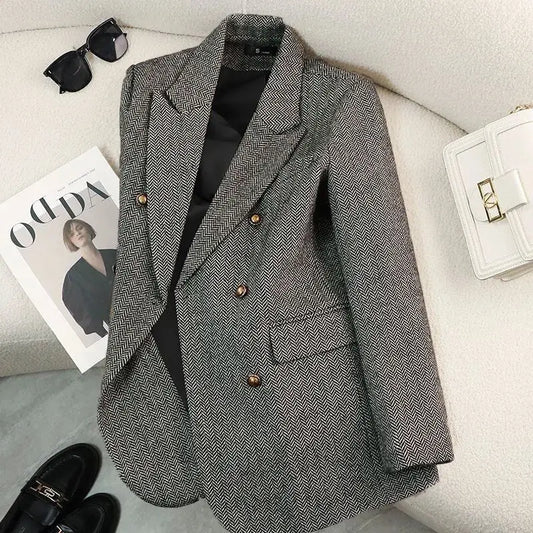 Blazer Long à Chevrons et Boutons