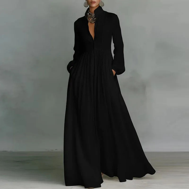 Robe Maxi Femme – Col Rond, Manches Lanterne, Taille Empire, Poches, Plissée | Style Élégant