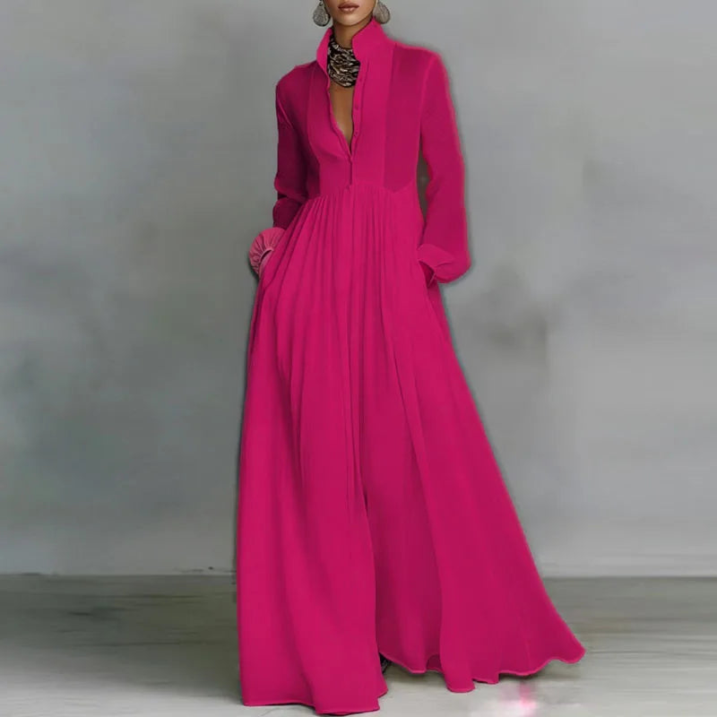 Robe Maxi Femme – Col Rond, Manches Lanterne, Taille Empire, Poches, Plissée | Style Élégant