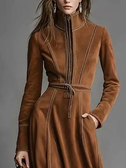 Robe midi en effet suédé, zippée et ceinturée